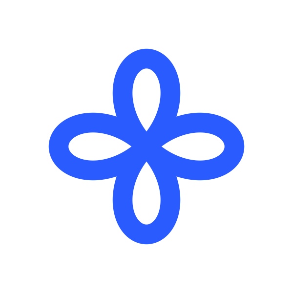 The Vedana mark animating: a four-petal clover opens into a circle and folds back, drawn as one continuous rounded stroke in blue.