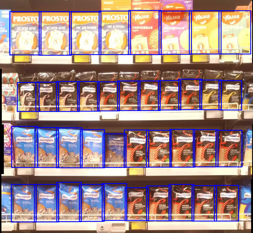 A shelf photo with a YOLO detector's blue boxes around each product.