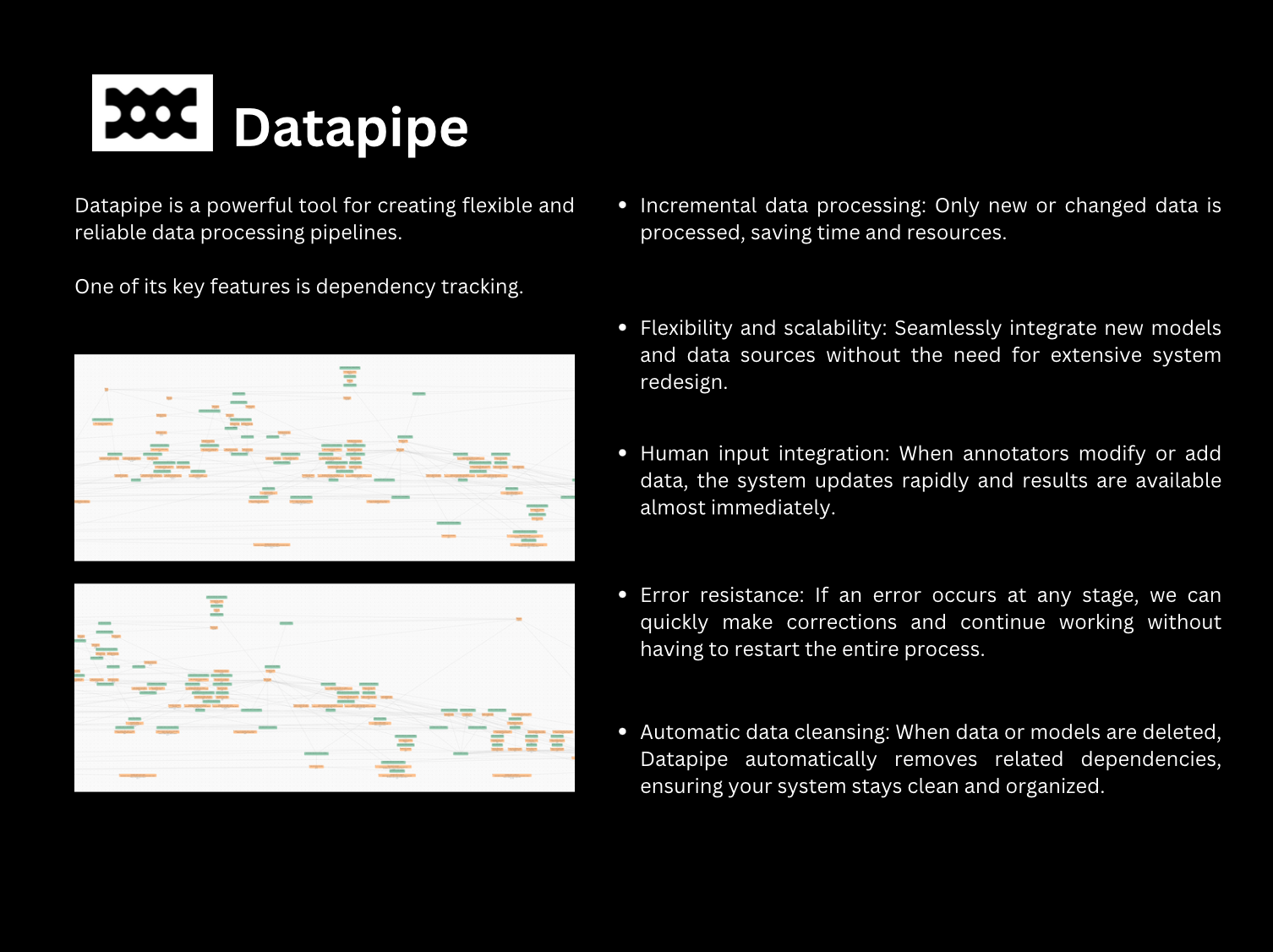 A summary of the Datapipe retraining loop: incremental processing, adding new models, human corrections and automatic cleanup when data is removed.