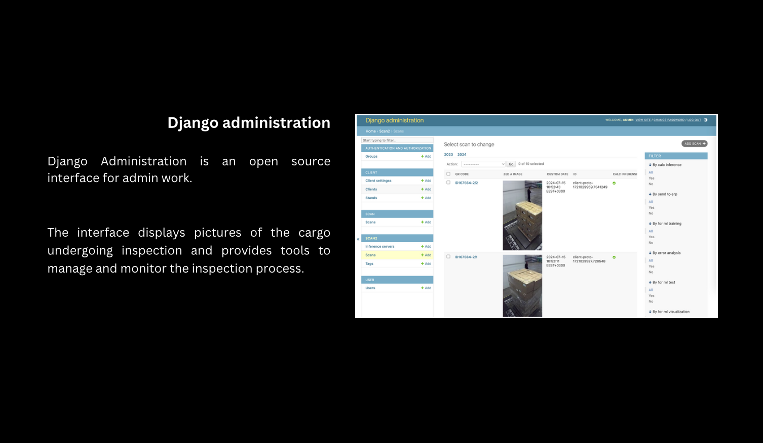 The Django admin screen listing cargo scans with their photos, dates and customer codes.