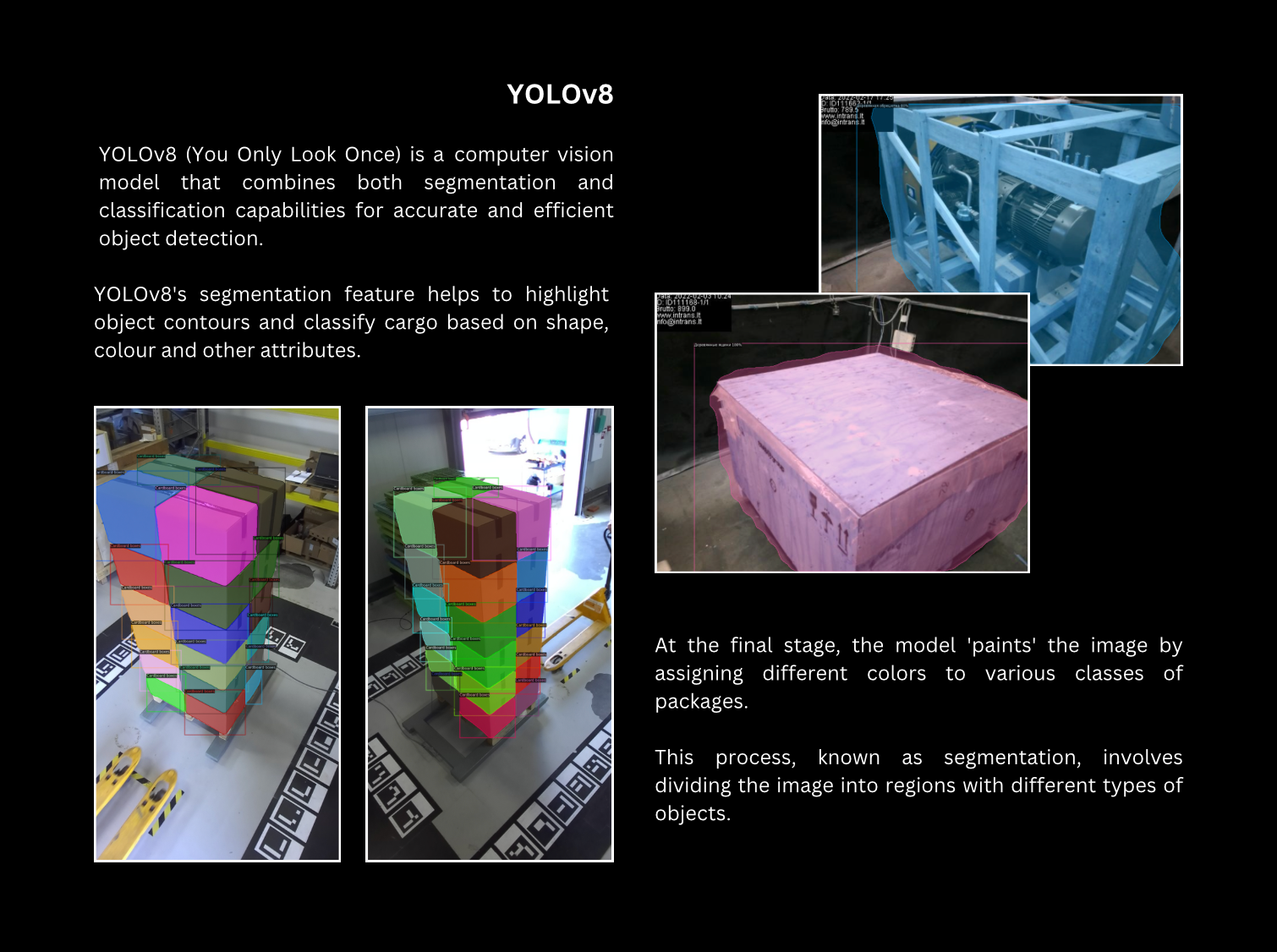 YOLOv8 segmentation coloring each package on a pallet by its class.