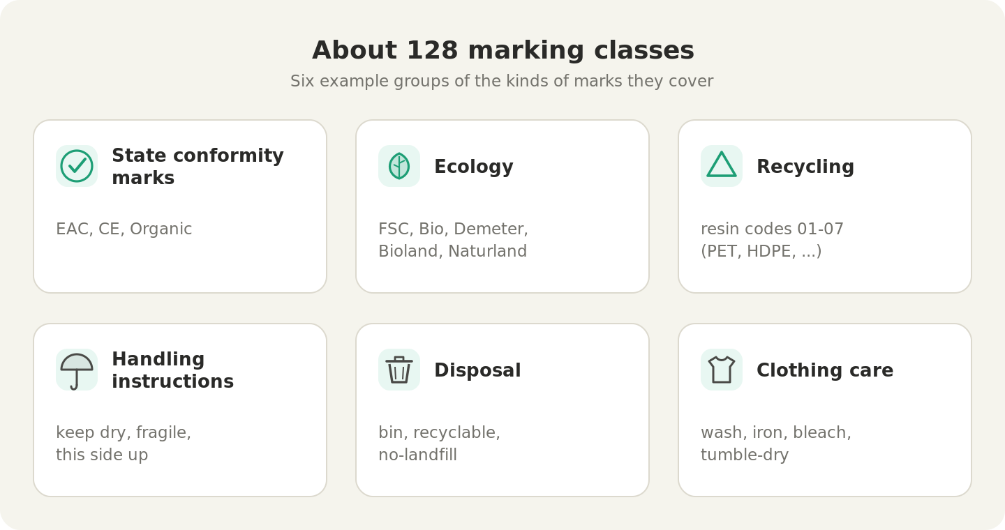 Six example groups of the kinds of marks the classifier handles, under the heading Marking classes: State conformity marks (EAC, CE, Organic), Ecology (FSC, Bio, Demeter, Bioland), Recycling (resin codes 01-07), Handling instructions (keep dry, fragile, this side up), Disposal (bin, recyclable, no-landfill), and Clothing care (wash, iron, bleach, tumble-dry).