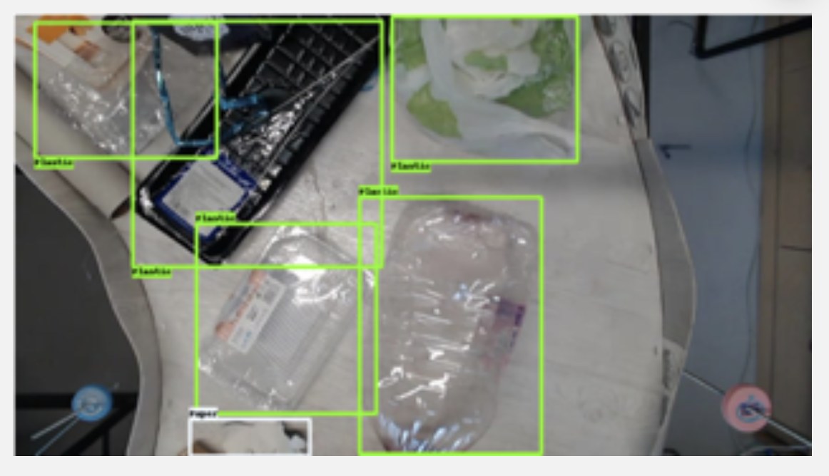 Top-down camera view of the table with green detection boxes around each waste item the model has found and classified.