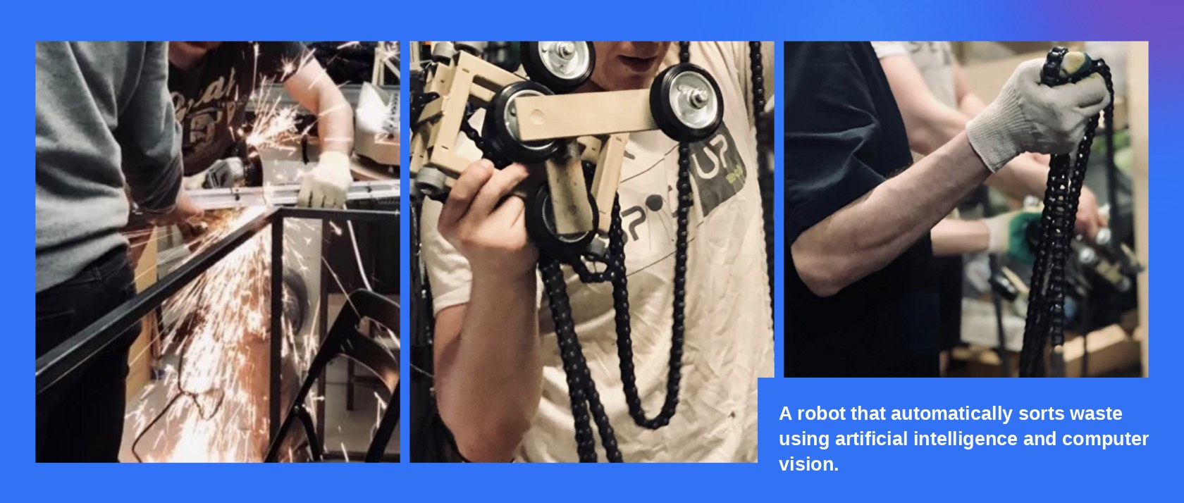 Robot arm on an X-Y rail above a rotating table, sorting mixed waste items including plastic, bags, and cardboard.