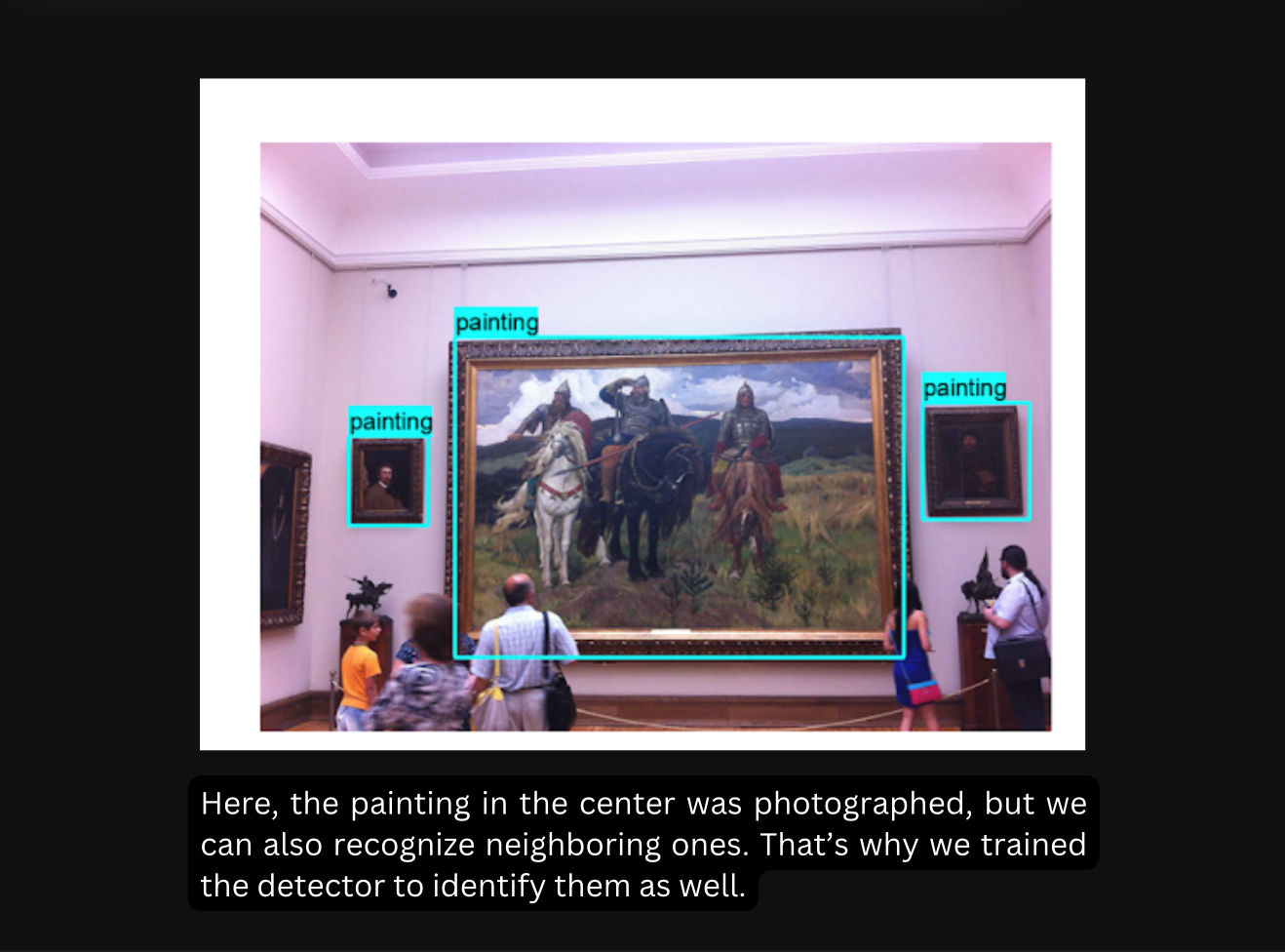 A detector marking the central painting plus the neighboring works in one gallery scene.