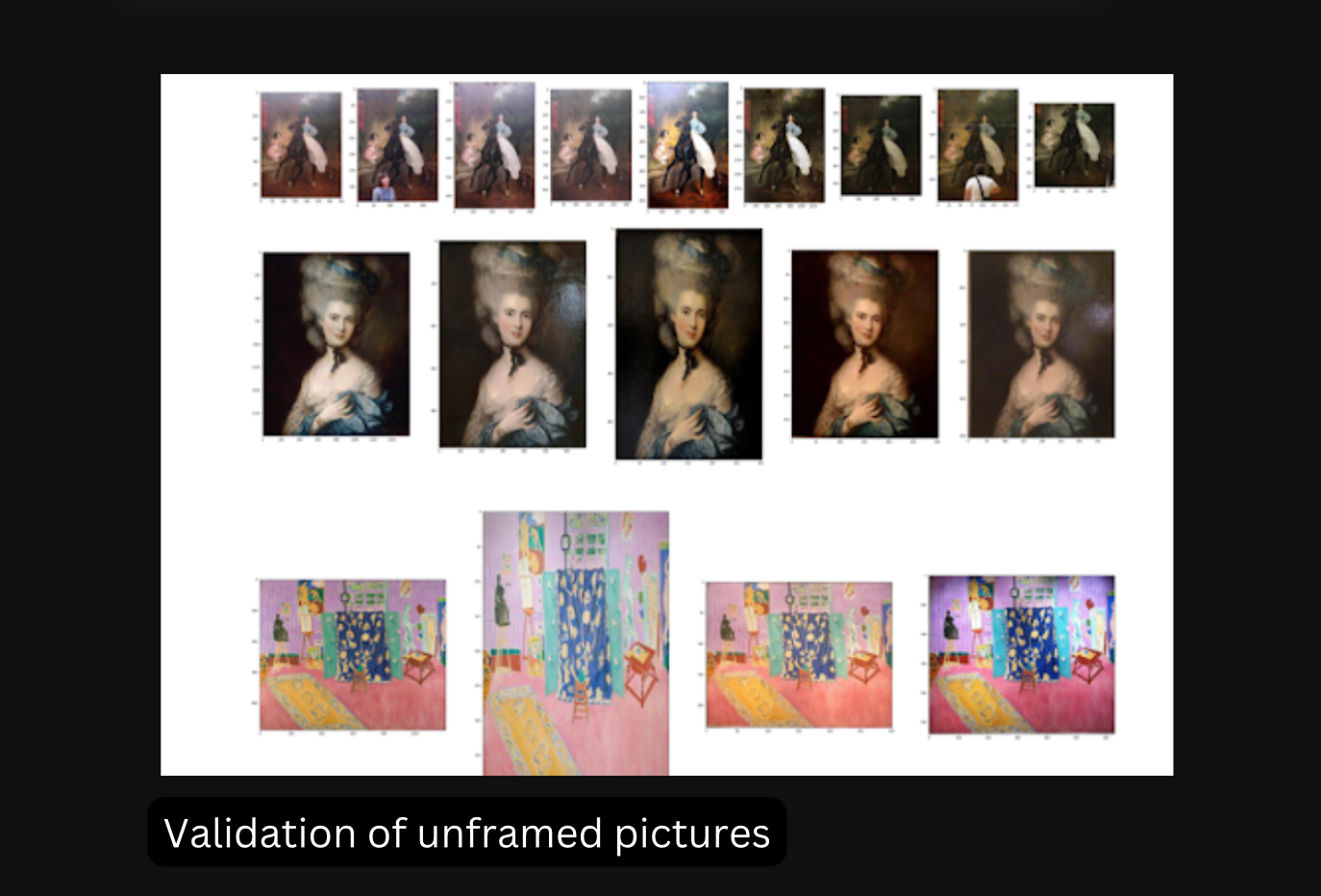 A validation set of unframed paintings tested under several color treatments and distortions.