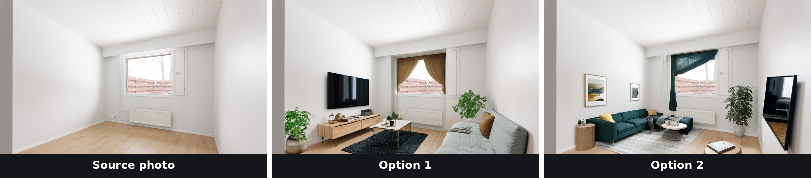 One empty room and two generated furnishing options side by side: the source listing photo, a light-sofa living room, and a teal-sofa living room.