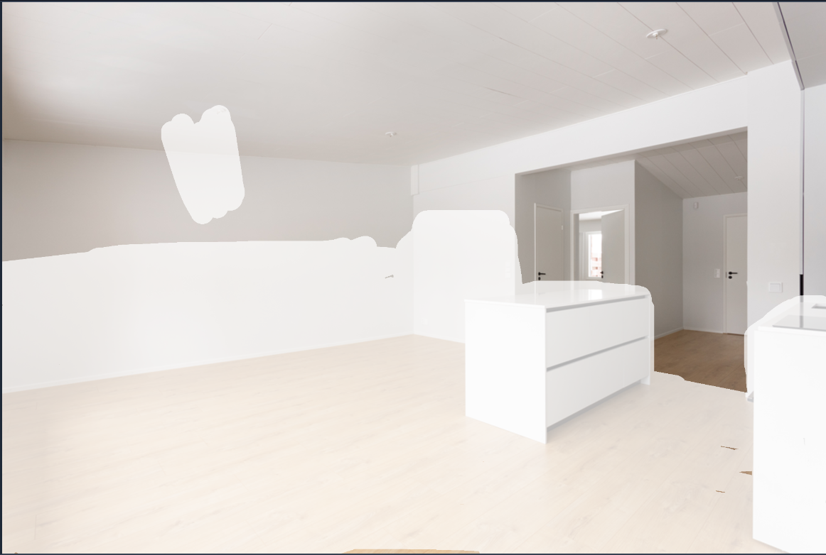 An empty room with a large white region marking the area to be filled with furniture.