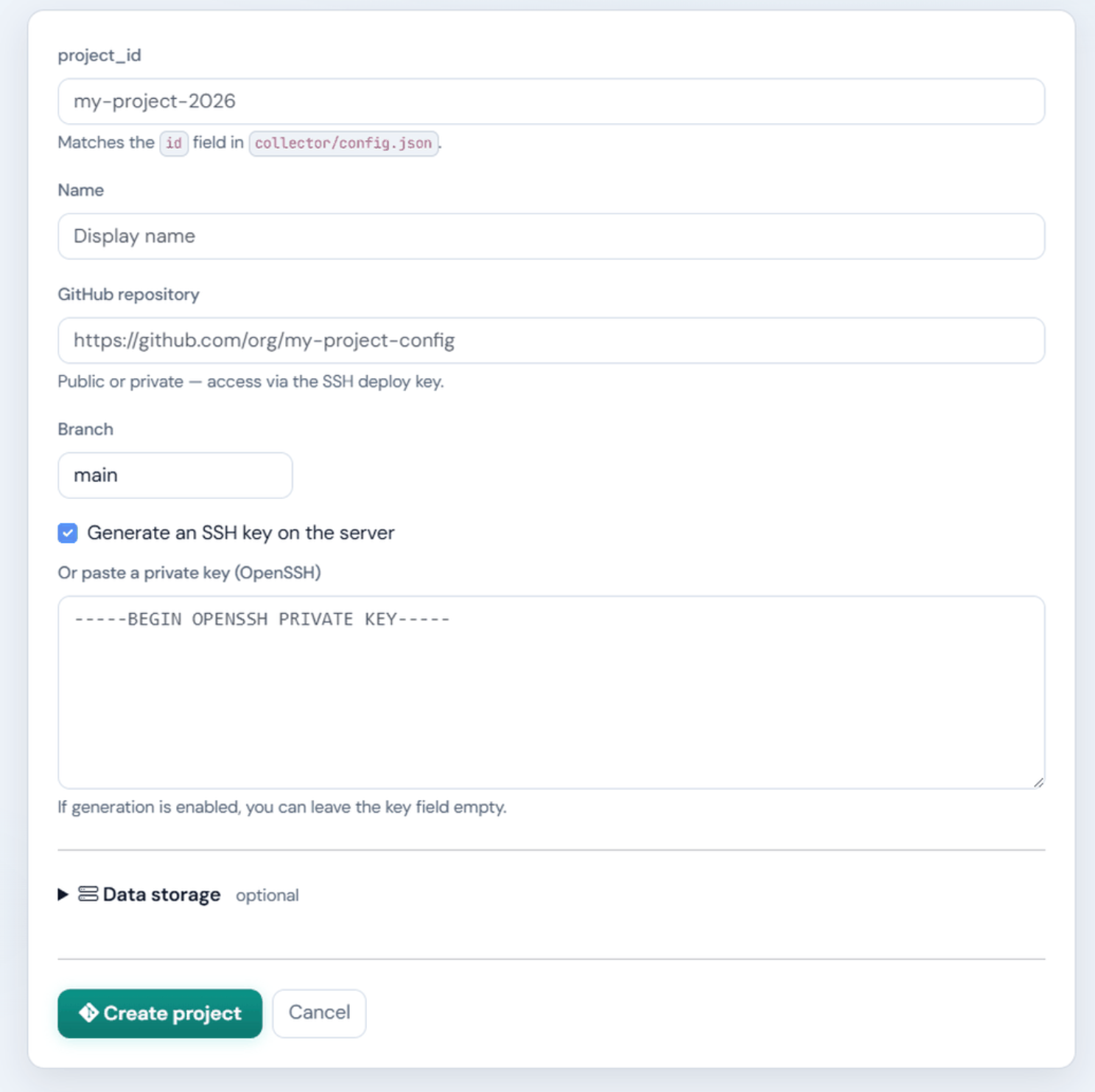 The admin create-project form: a project id, a GitHub repository, a branch, an SSH deploy key, and an optional data-storage block.