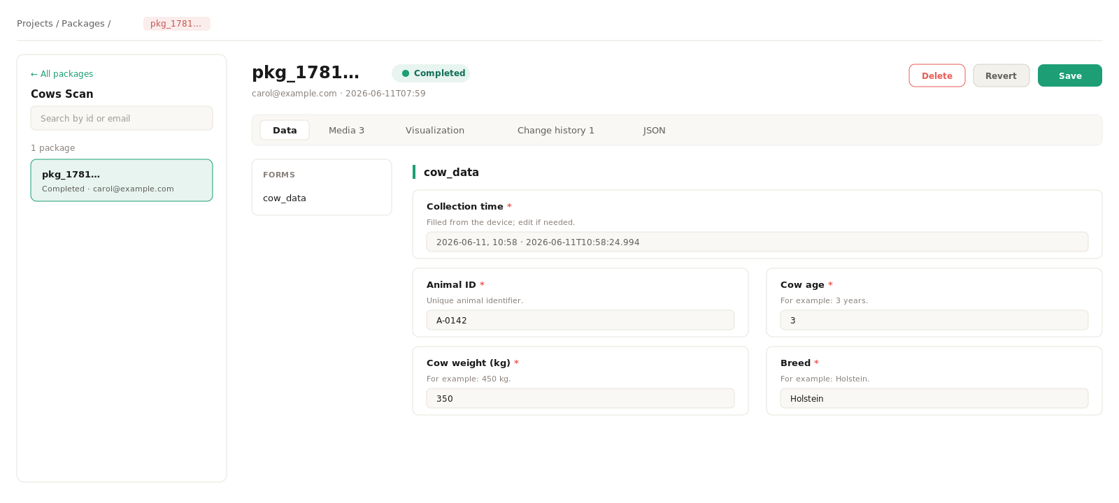 A package opened to its Data tab: the form fields and their submitted values, with tabs for media, visualization, change history and JSON.