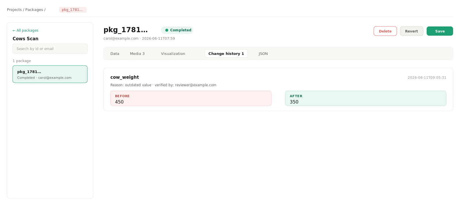 A package Change history tab: an edited field with its before and after values, a reason, and who verified it.