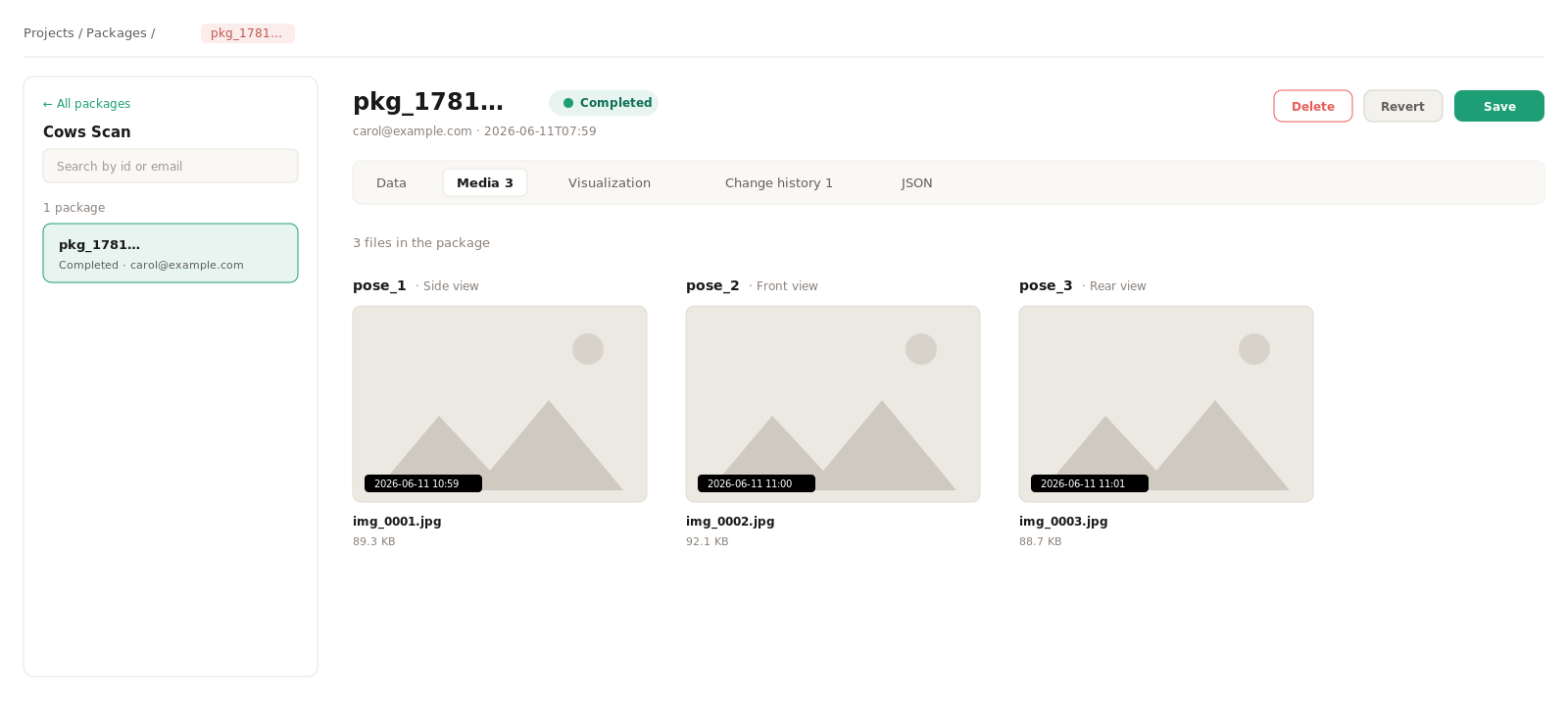 A package Media tab: the captured photos grouped by pose, each with its file name and size.