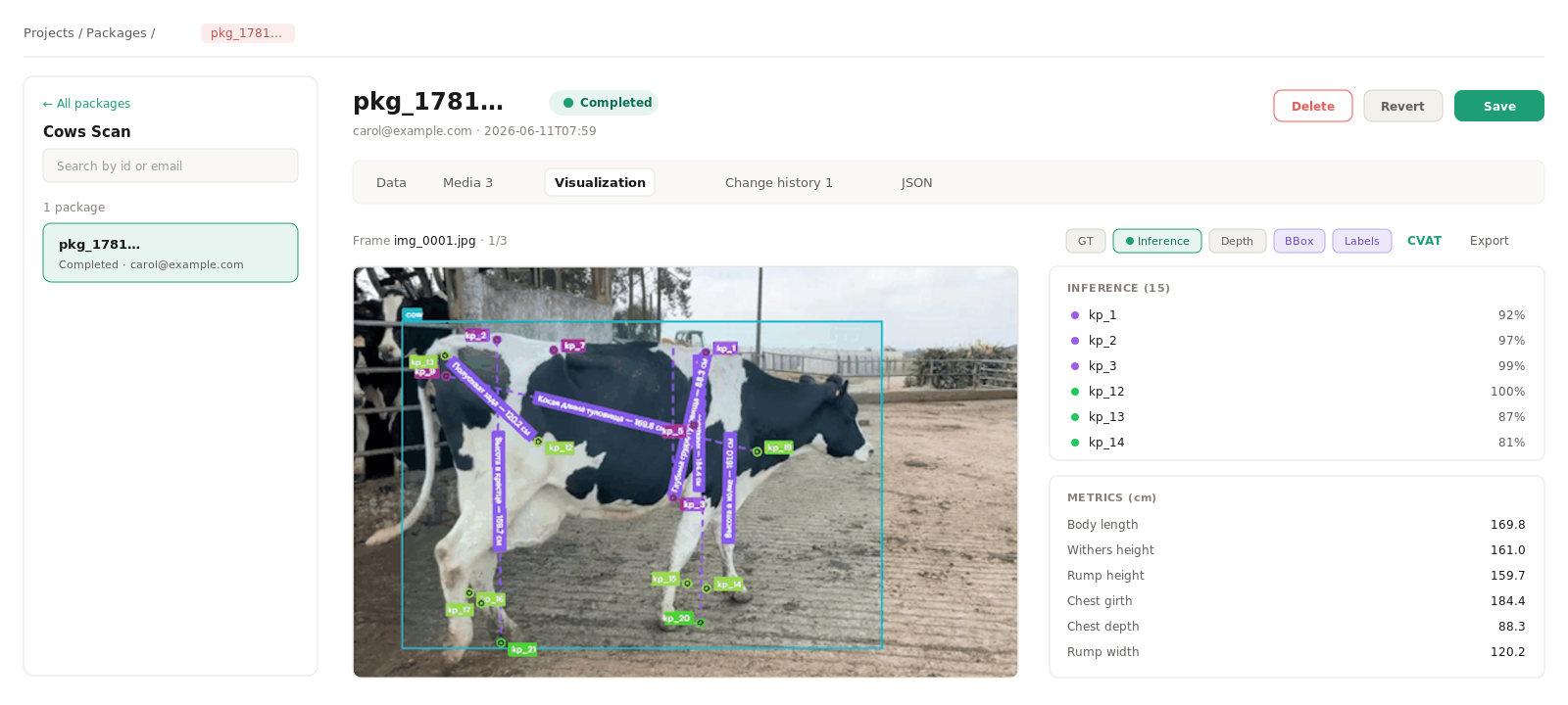 A package Visualization tab: model keypoints and a bounding box drawn over the photo, a ground-truth and inference toggle, a CVAT link, and a metrics panel.