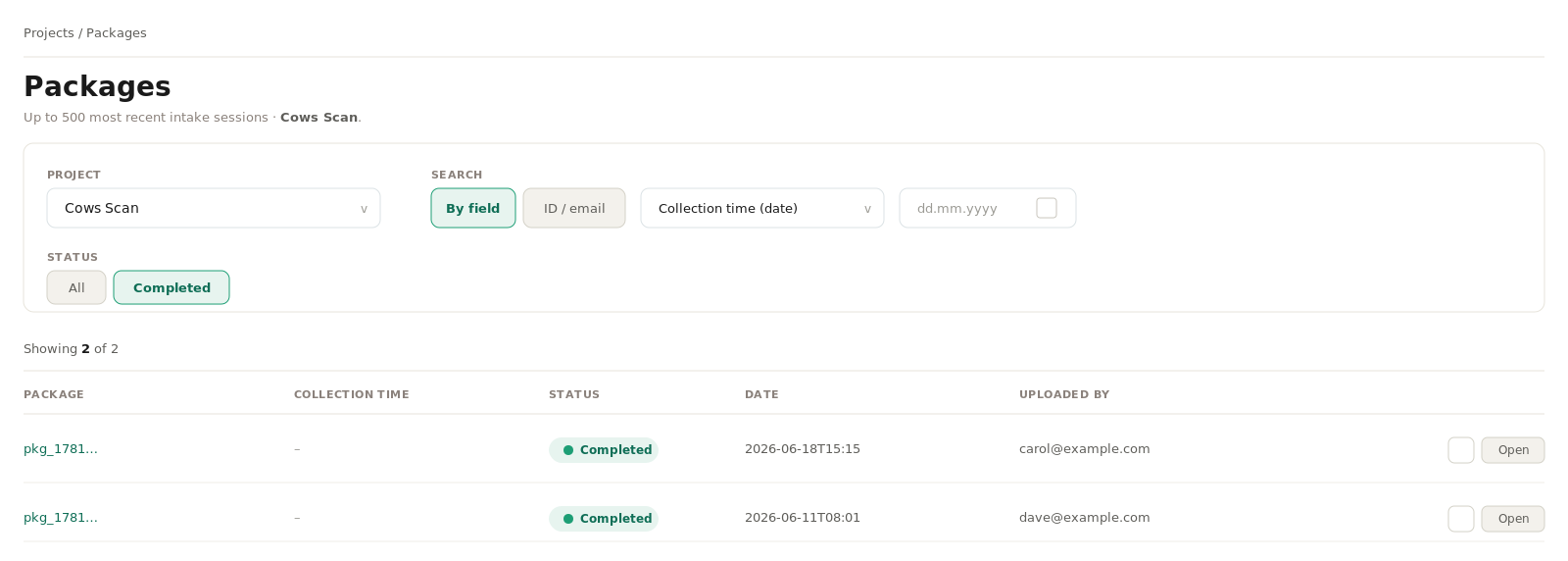 The admin packages list: a project filter, a search by field or by id and email, a status filter, and a completed package row.