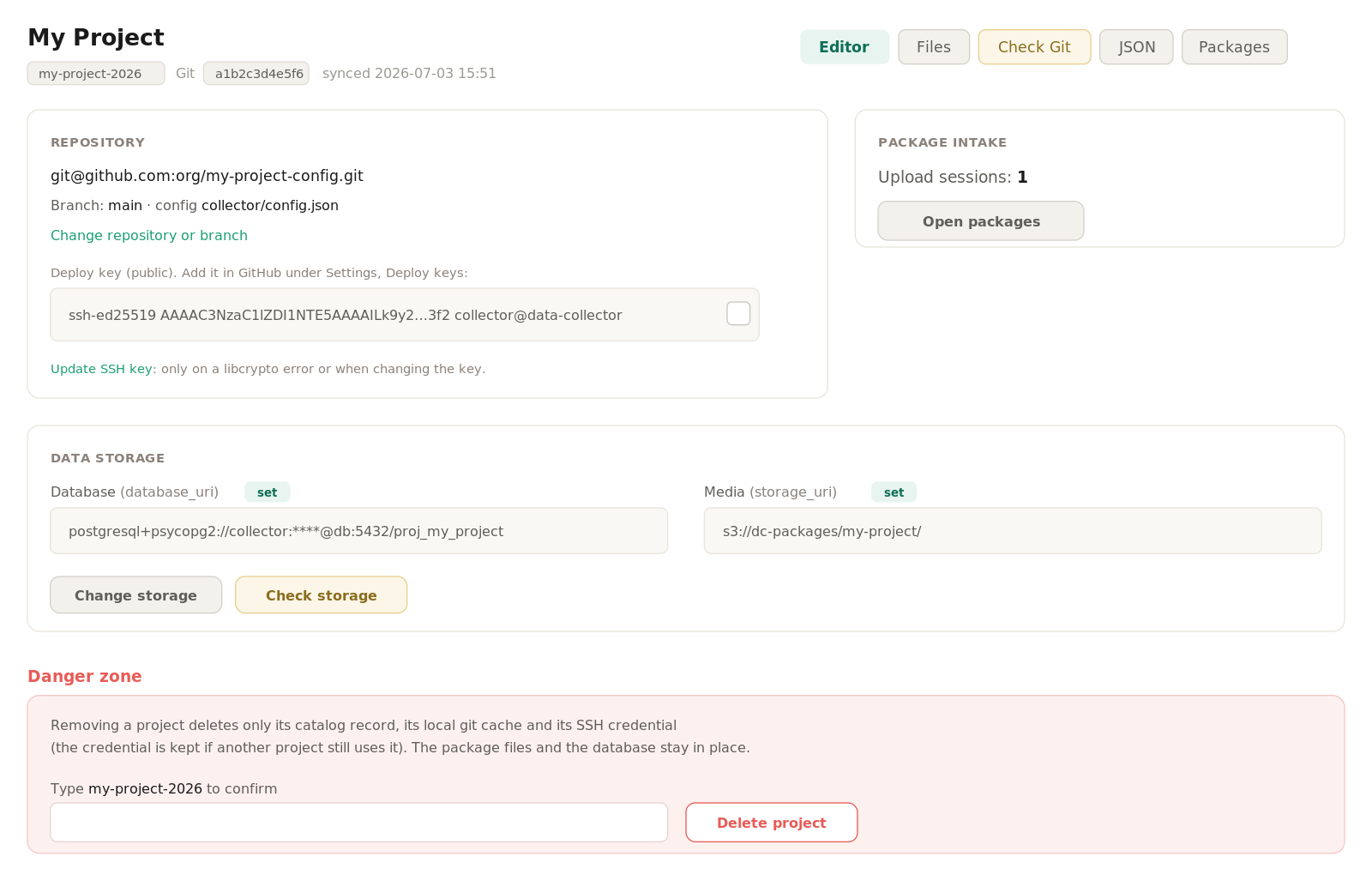The admin project page: the Git repository and branch, the SSH deploy key, the database and storage locations, and a danger zone.
