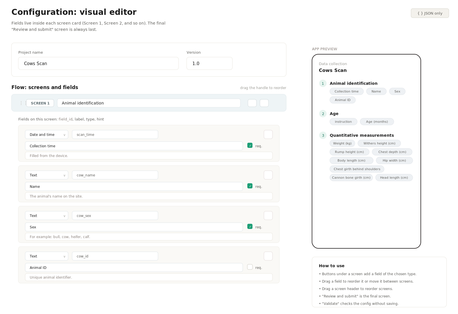 The admin config editor: the flow of screens with each screen's fields, their types and hints on the left, and a live phone preview of the app on the right.