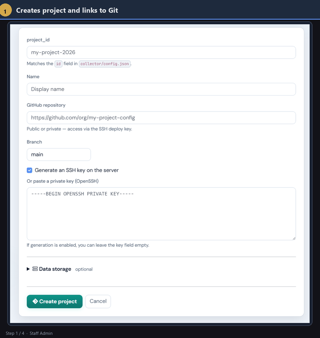 The admin flow: create a project, edit its config in the visual editor, and grant a collector access.