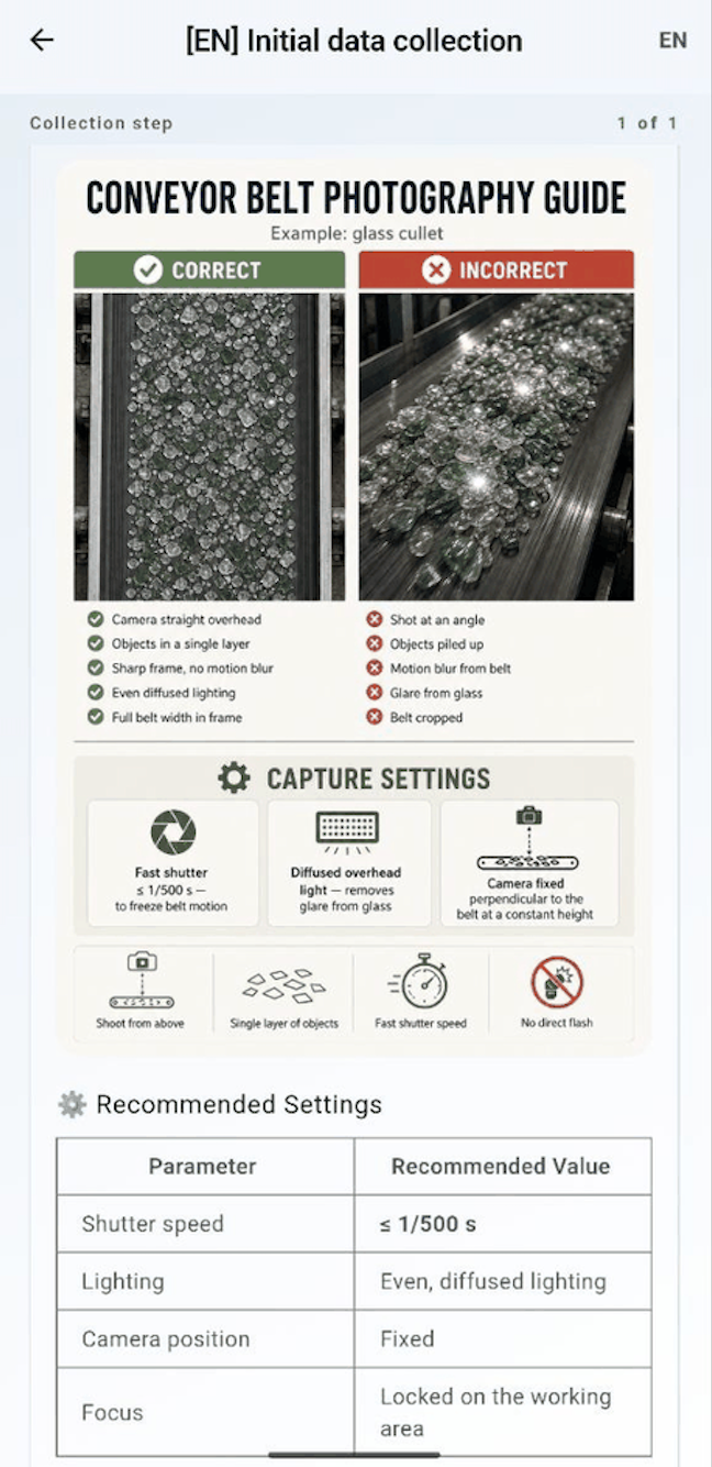 A mobile capture guide: correct and incorrect example photos of glass cullet on a conveyor belt, plus the capture settings.