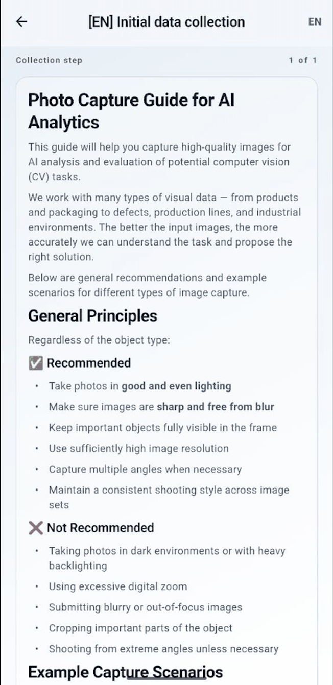 A mobile instruction screen: a photo-capture guide for AI analytics, with recommended and not-recommended shooting tips.