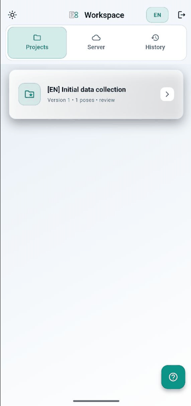 The mobile projects tab: one project card showing its version, pose count and a review step.