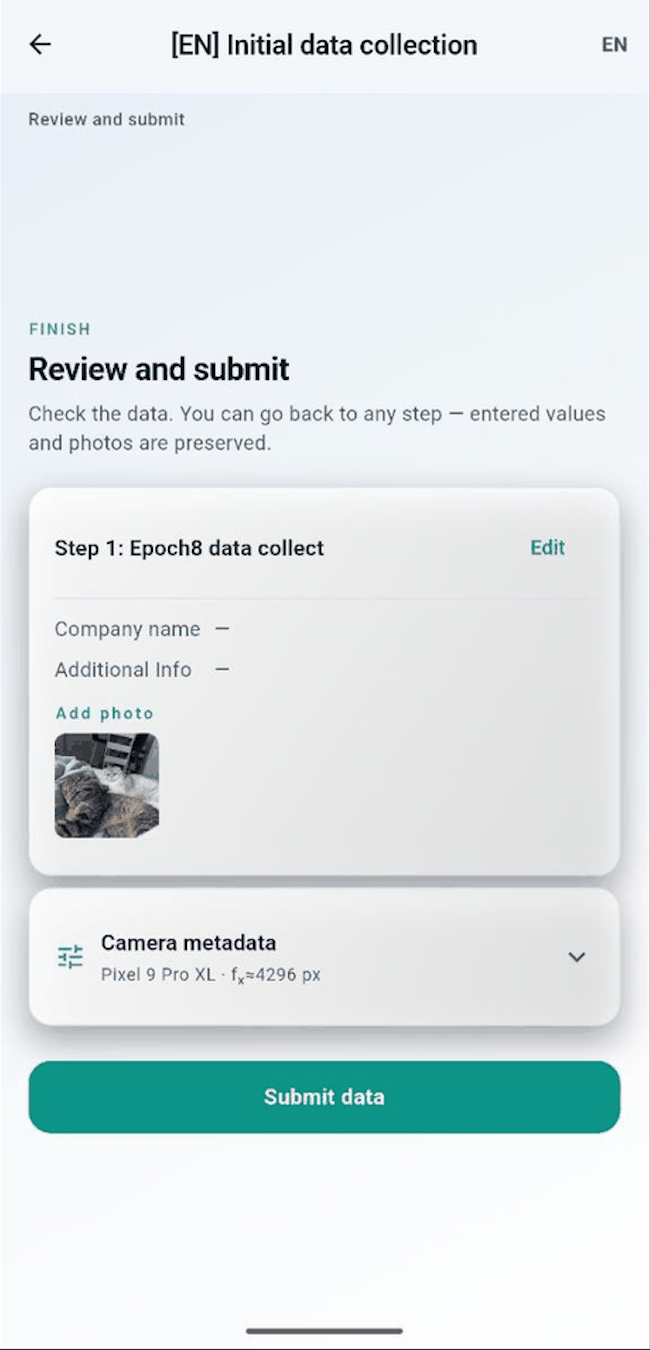 The mobile review screen: the entered step, a captured photo, an expandable camera-metadata tile, and a submit button.