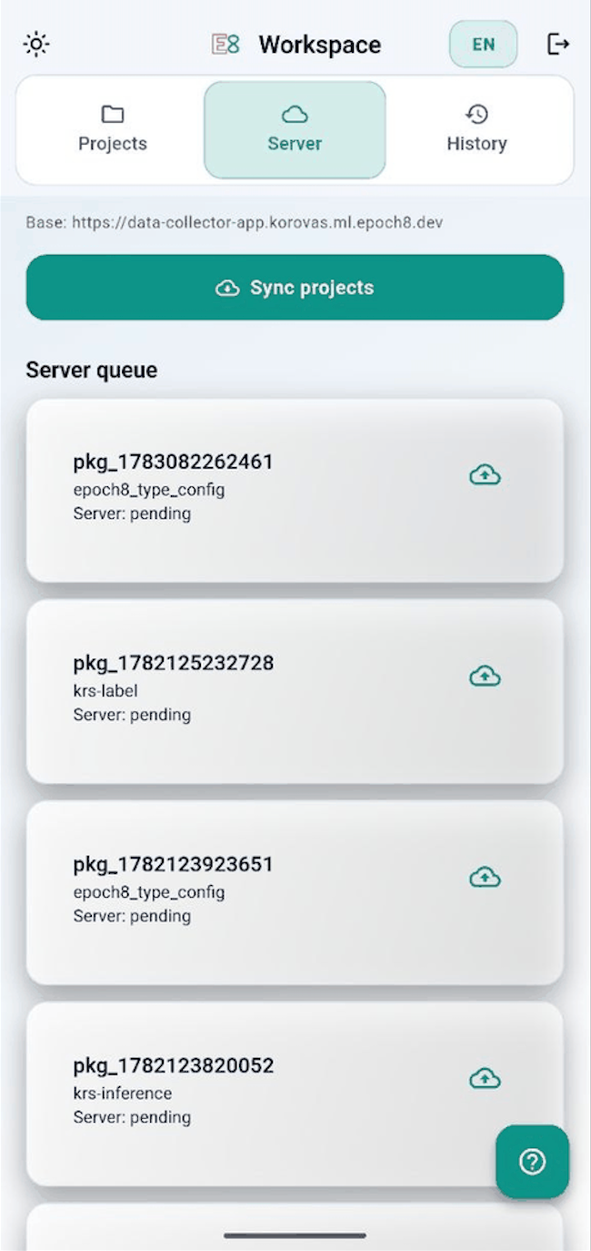 The mobile Server tab: an upload queue of packages, each marked pending, with a sync button.