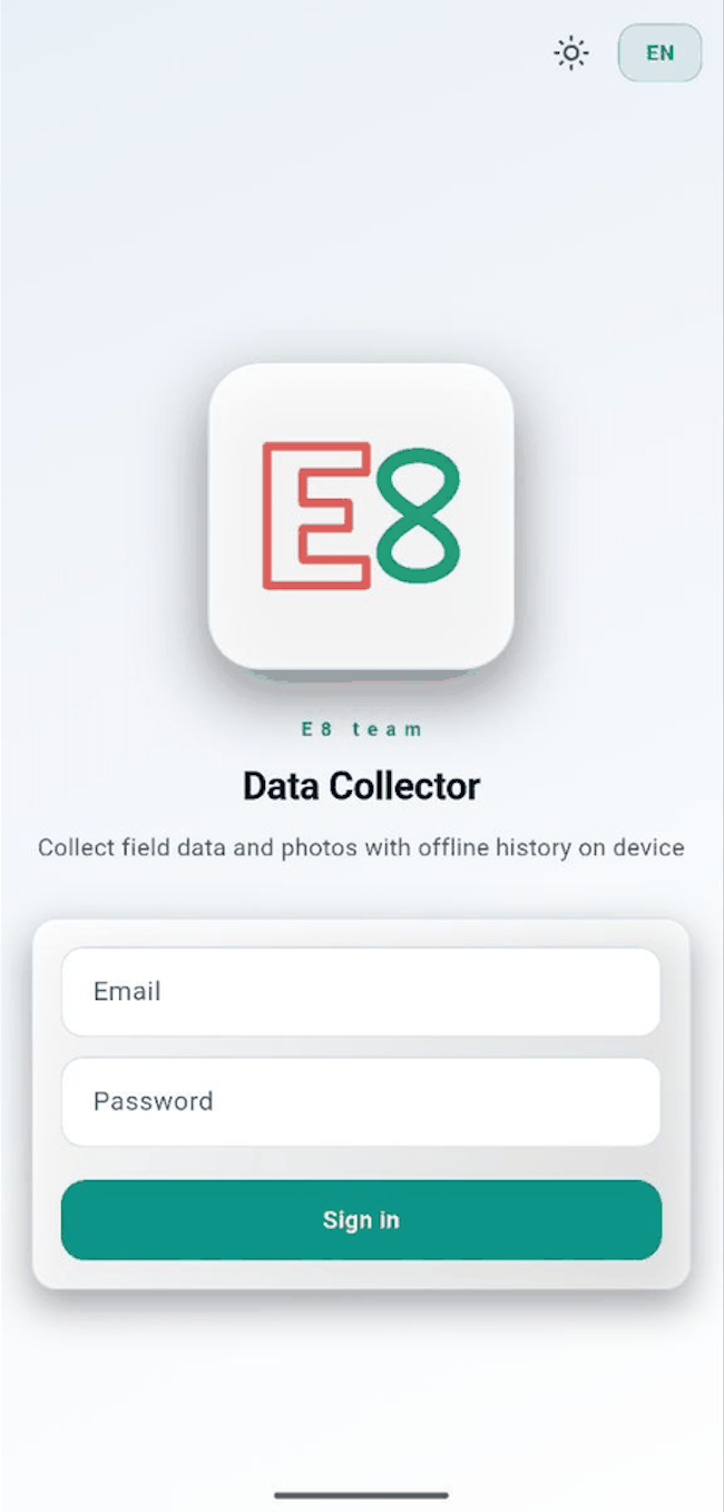 The mobile sign-in screen: email and password, under the Data Collector name and the E8 mark.